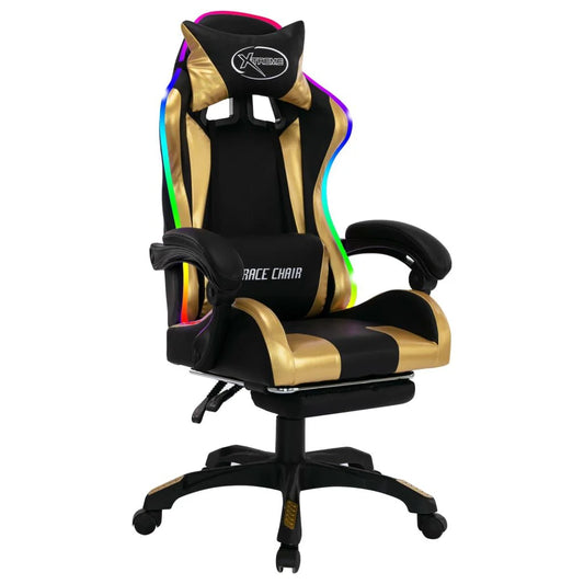 Gaming-Stuhl Mit RGB Led-Leuchten Gold Und Schwarz Kunstleder