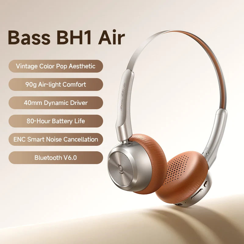 BH1 Air Wireless Headphones Bluetooth 6.0 ENC Noise Cancellation Lightweight 90G over Ear Headset 80H Earphone
