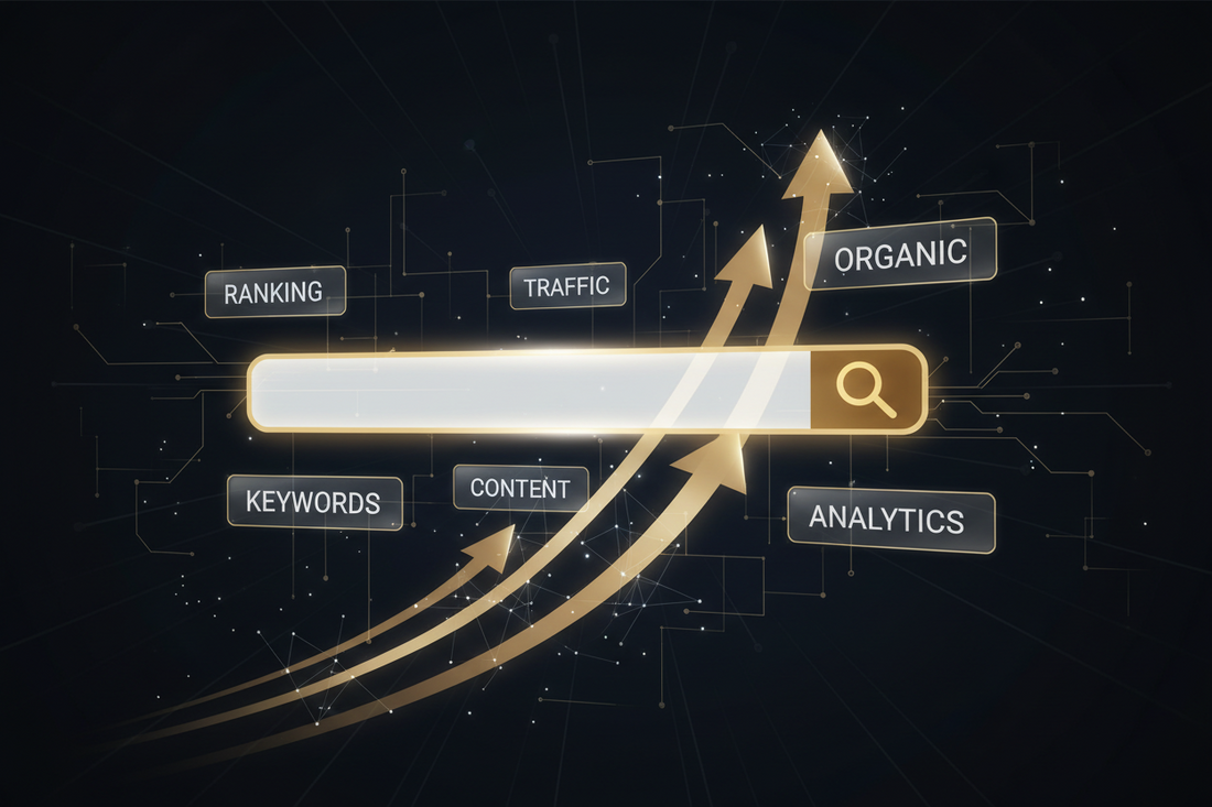 Illustration eines Online-Shops mit SEO-Analyse, Suchmaschinen-Rankings, steigendem Traffic und Wachstumssymbolen zur Darstellung von erfolgreicher Suchmaschinenoptimierung im E-Commerce.