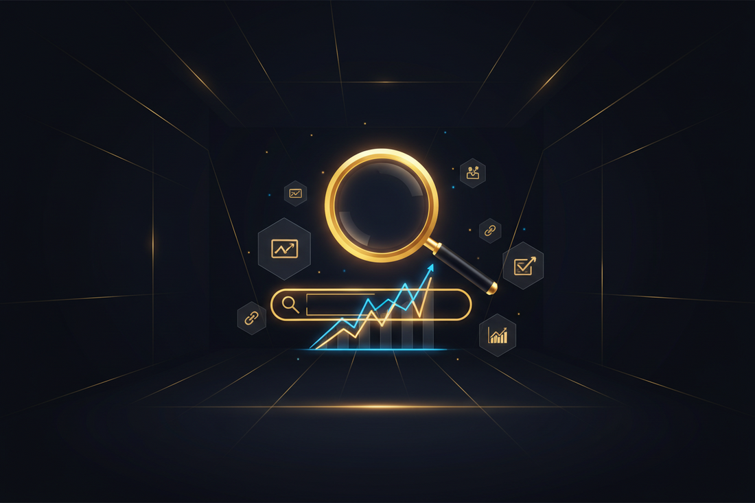 Illustration eines Business-Konzepts zur SEO-Agenturauswahl mit Laptop, Analyse-Diagrammen, Suchmaschinen-Rankings und E-Commerce-Elementen zur Optimierung der Online-Sichtbarkeit.