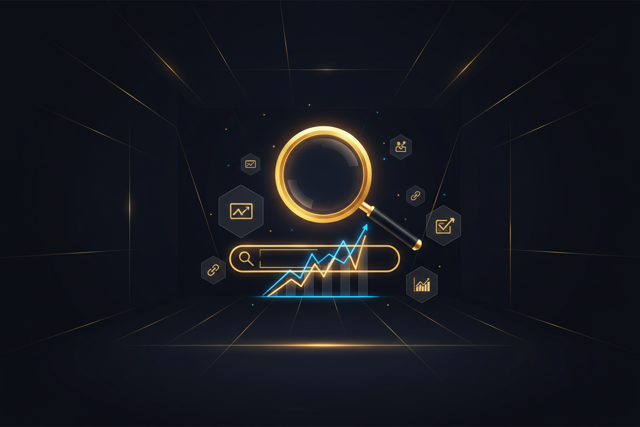 Illustration eines Business-Konzepts zur SEO-Agenturauswahl mit Laptop, Analyse-Diagrammen, Suchmaschinen-Rankings und E-Commerce-Elementen zur Optimierung der Online-Sichtbarkeit.