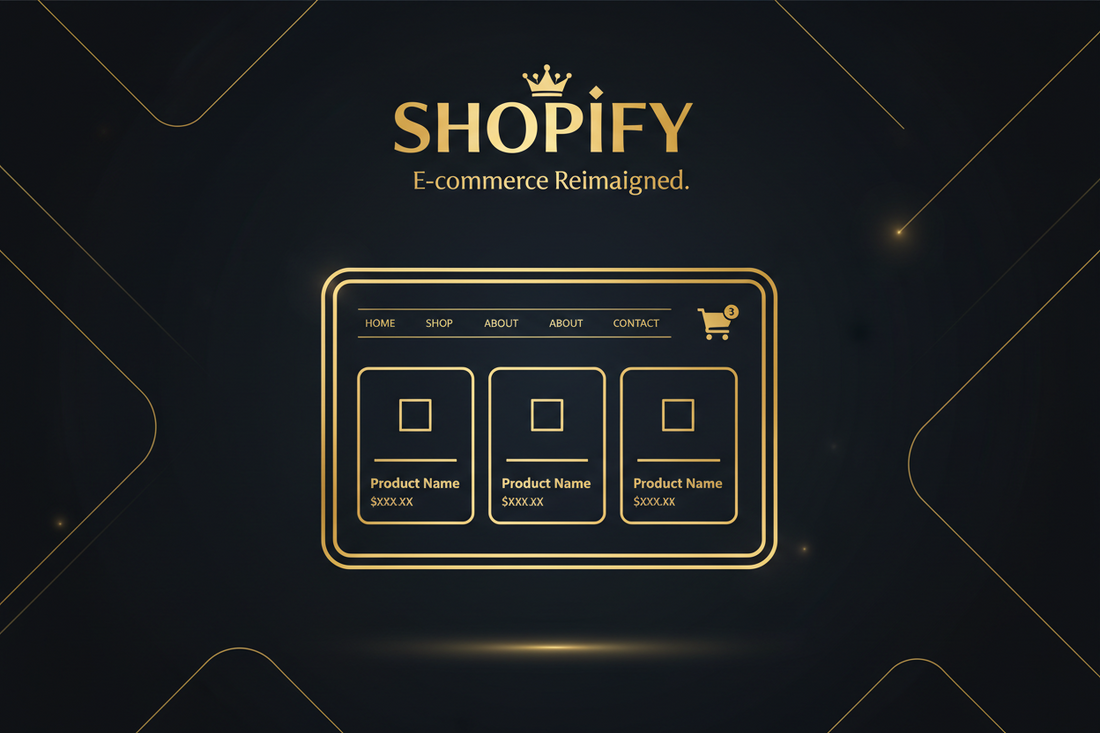 Illustration eines modernen Shopify-Onlineshops auf Laptop und Smartphone mit Produktübersicht, Warenkorb und Analyse-Dashboard zur Darstellung von E-Commerce-Aufbau und Online-Verkauf.