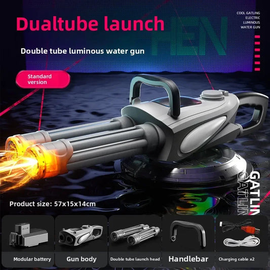 Automatic Double Rotating Gatling Water Gun Toy Gun Barrel with LED Spray Water Pistol Blaster Pool Outdoor Toy for Kids Adult