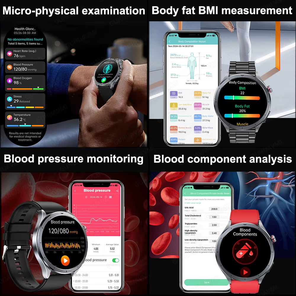 2026 New Body Fat Analysis Health Smart Watch ECG+PPG Uric Acid Blood Pressure Blood Oxygen Clock Call Smart Watch for Men Women