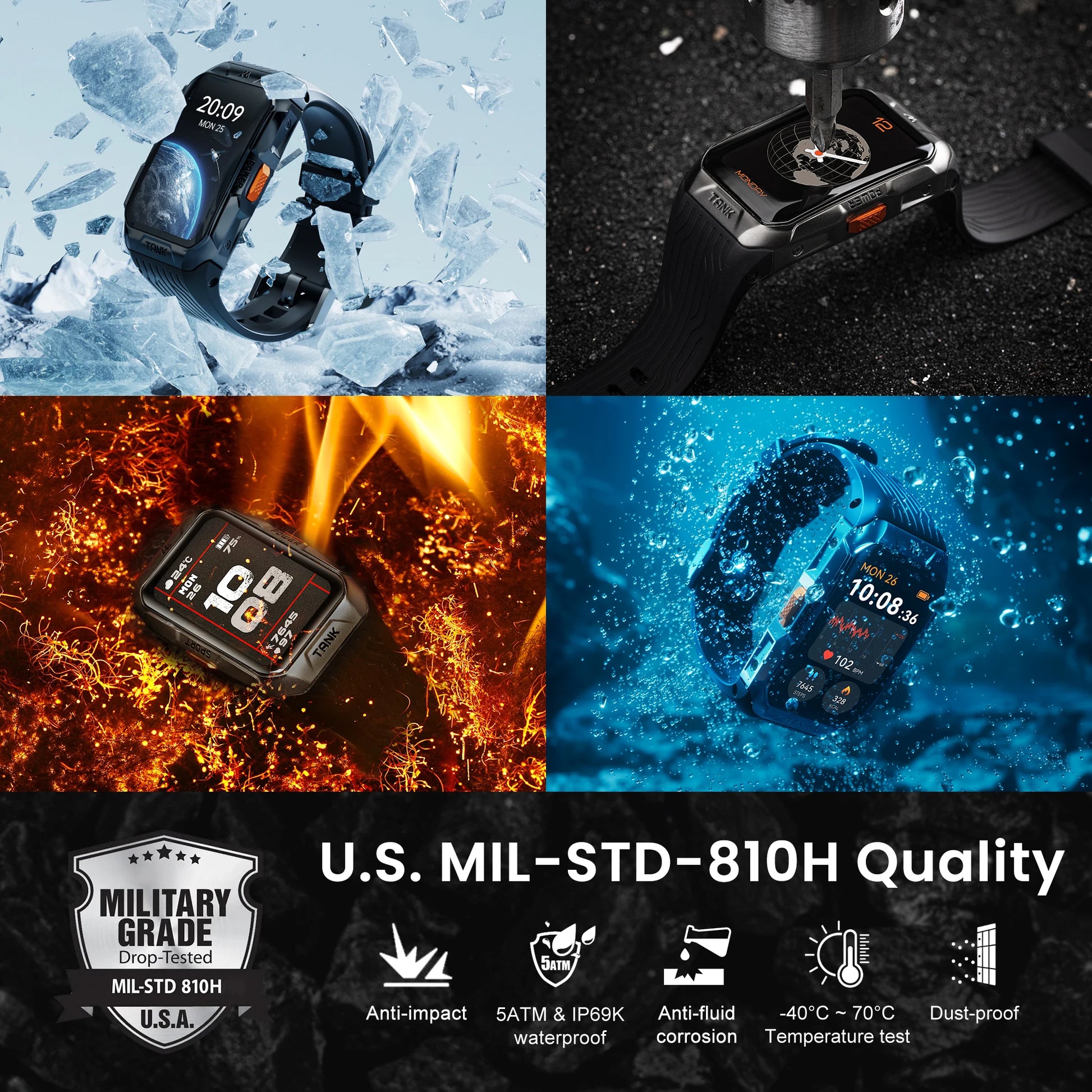 2025  TANK X2 Rugged Smart Watch for Men 3D Curved Screen AMOLED AOD 5ATM IP69K Waterproof Bluetooth Call AI Assistant