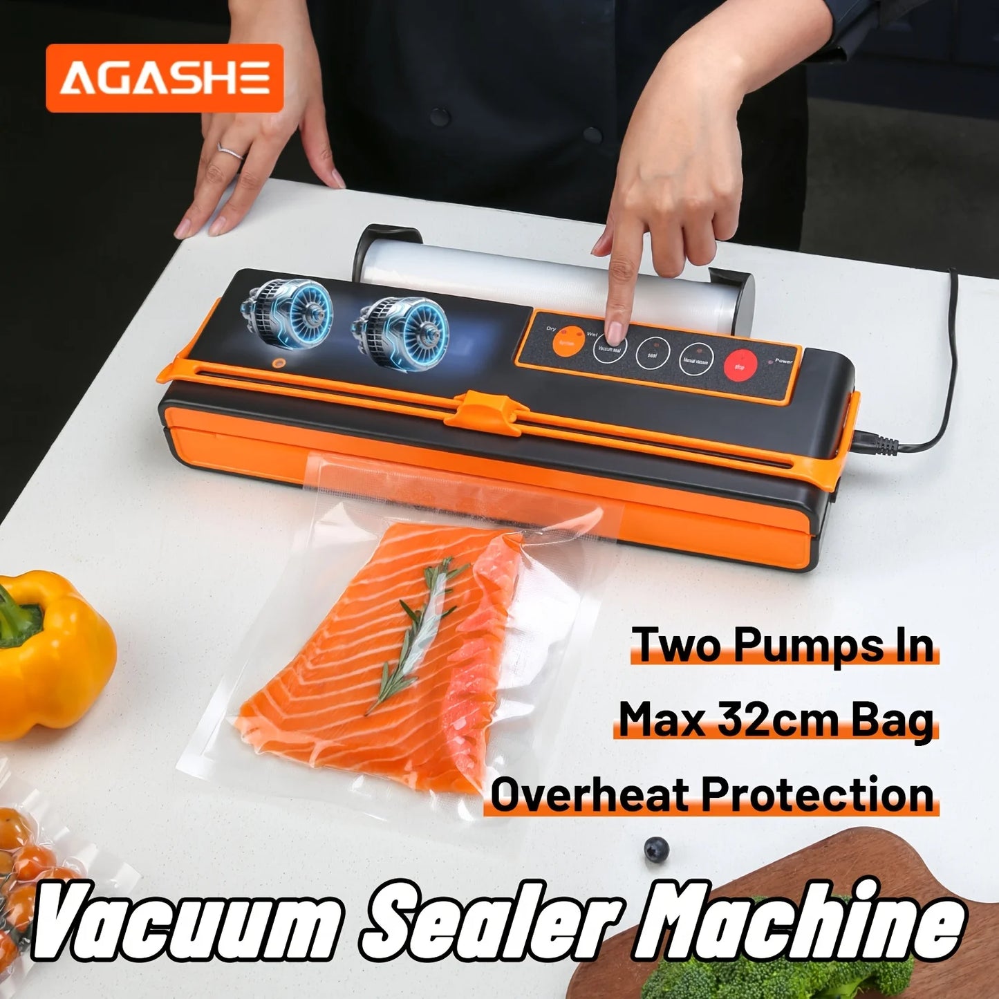 Vacuum Sealer Machine. High-Power, -70Kpa Suction. Bag Roll Holder. for 32Cm Bags. with Cutting Knife. Automatic.