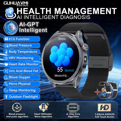 2026 New Body Fat Analysis Health Smart Watch ECG+PPG Uric Acid Blood Pressure Blood Oxygen Clock Call Smart Watch for Men Women