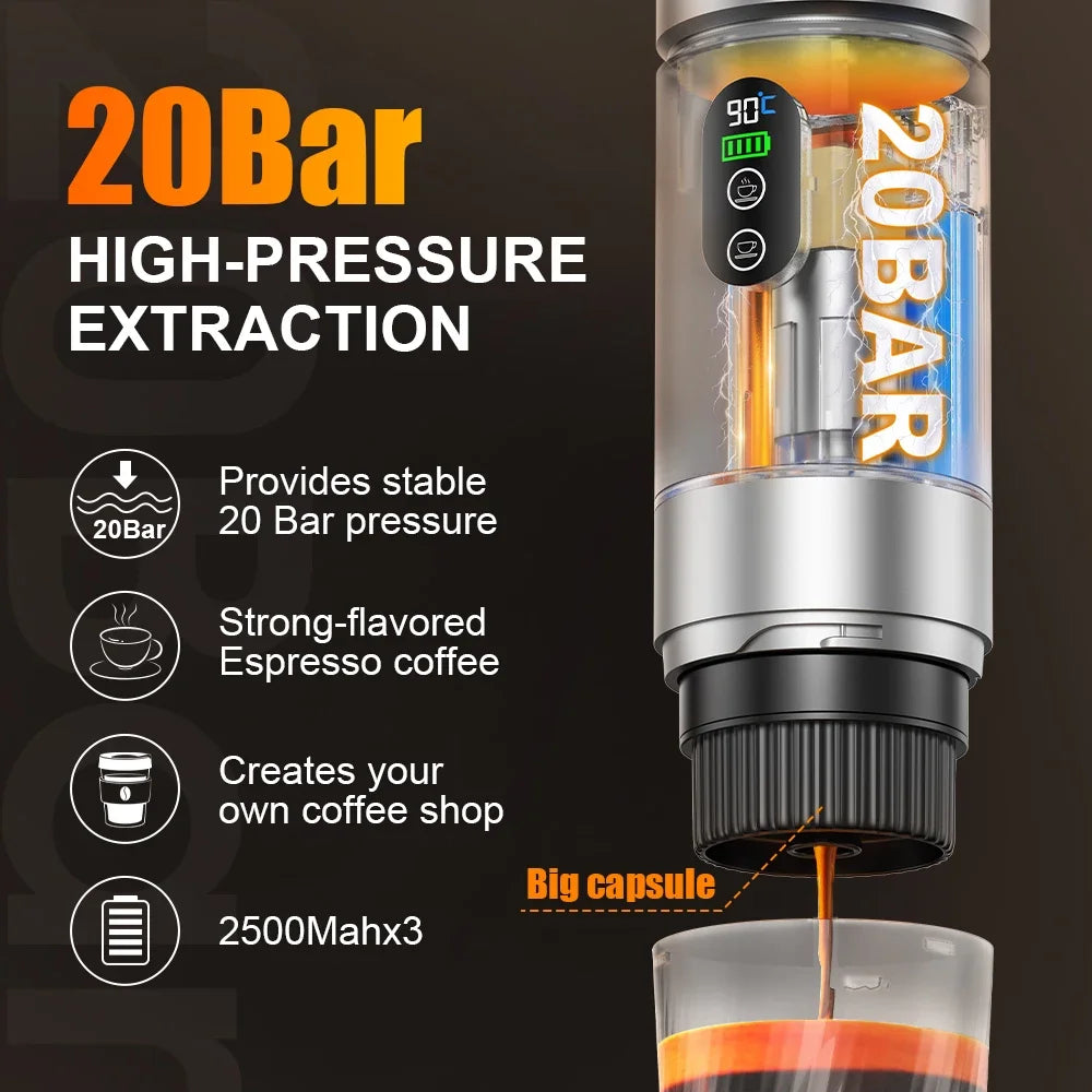 3-In-1 Portable Espresso Coffee Machine with Digital Display Removable Battery for Car & Home Camping Coffee Maker