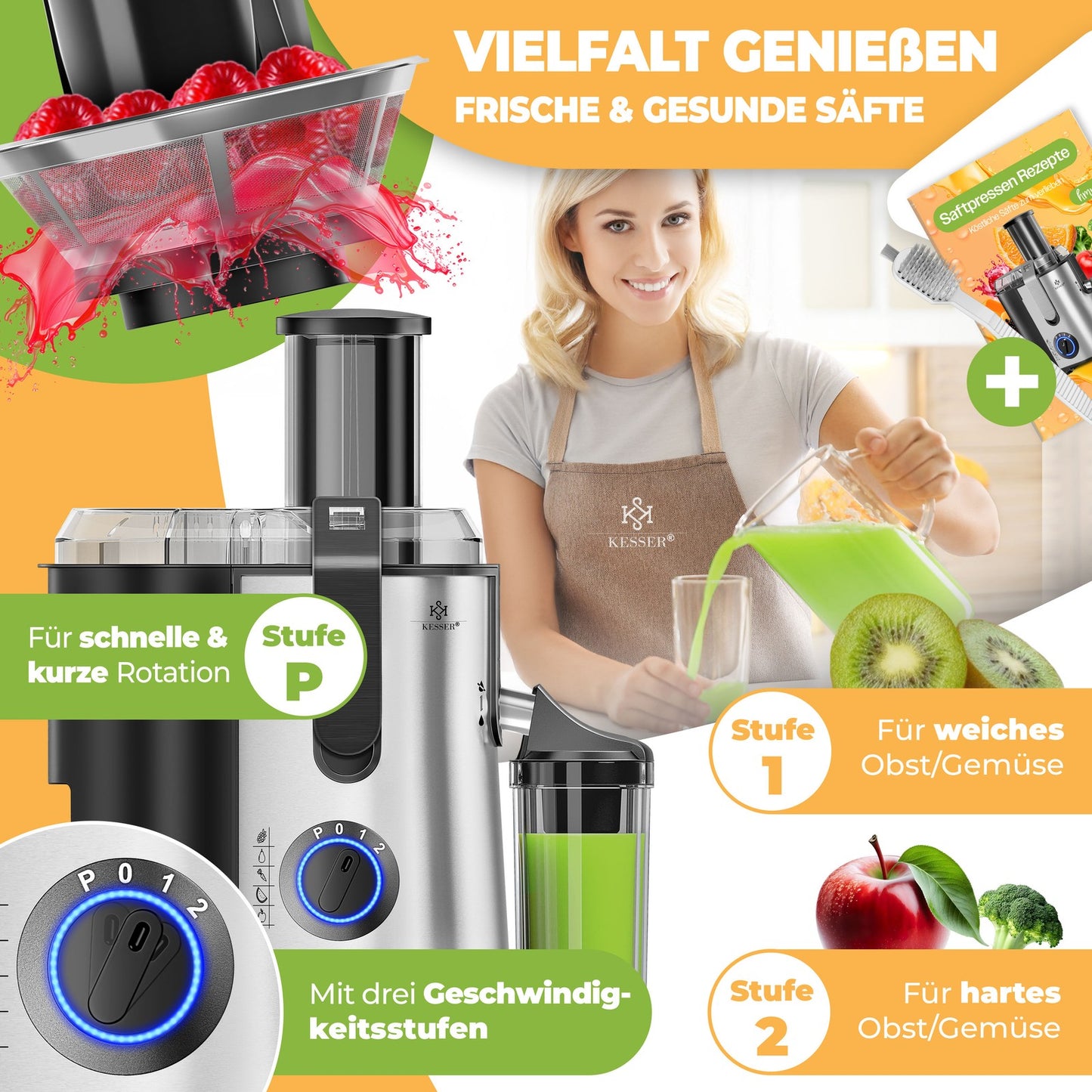 KESSER® Entsafter Saftpresse Edelstahl 1100W 85Mm Presse Obstpresse Saft Juicer