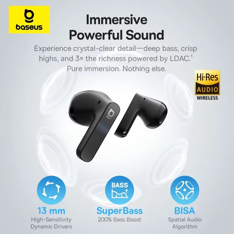 Bass BS1 NC -40Db Realtime Adaptive ANC Wireless Earbuds Bluetooth 6.0 Semi-Open Earphones LDAC Hi-Res Audio 6-Mic AI ENC