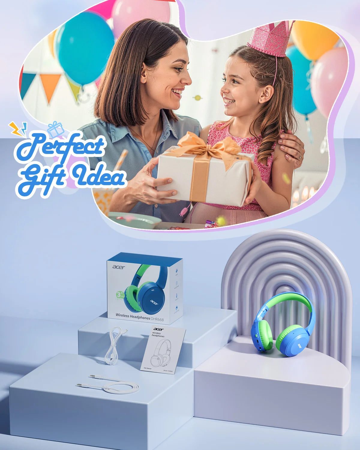 Kids Bluetooth 6.0 Headphones with Built-In Mic 85/94Db Volume Limited Lightweight Over-Ear Wireless Headphones for Kids