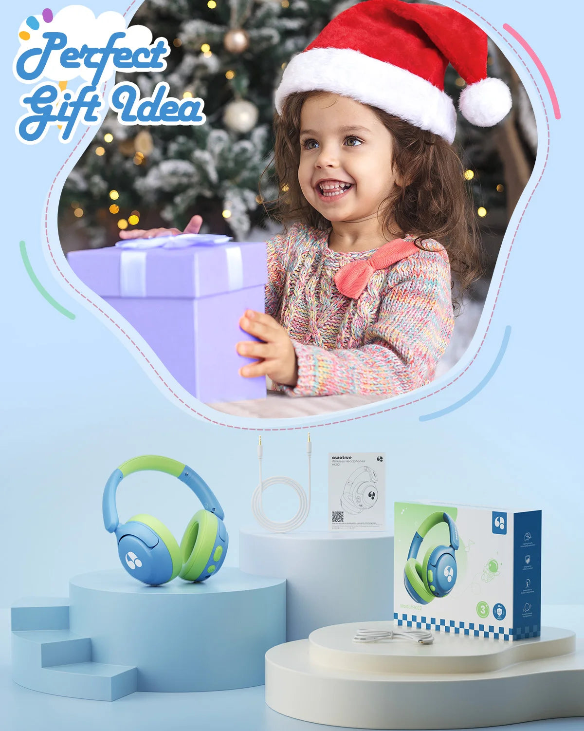 Awatrue Kids Bluetooth 5.4 Headphone 85Dba Safe Volume Lightweight Wireless Over-Ear Headsets for Ipad/Yoto Player/Tablet/School