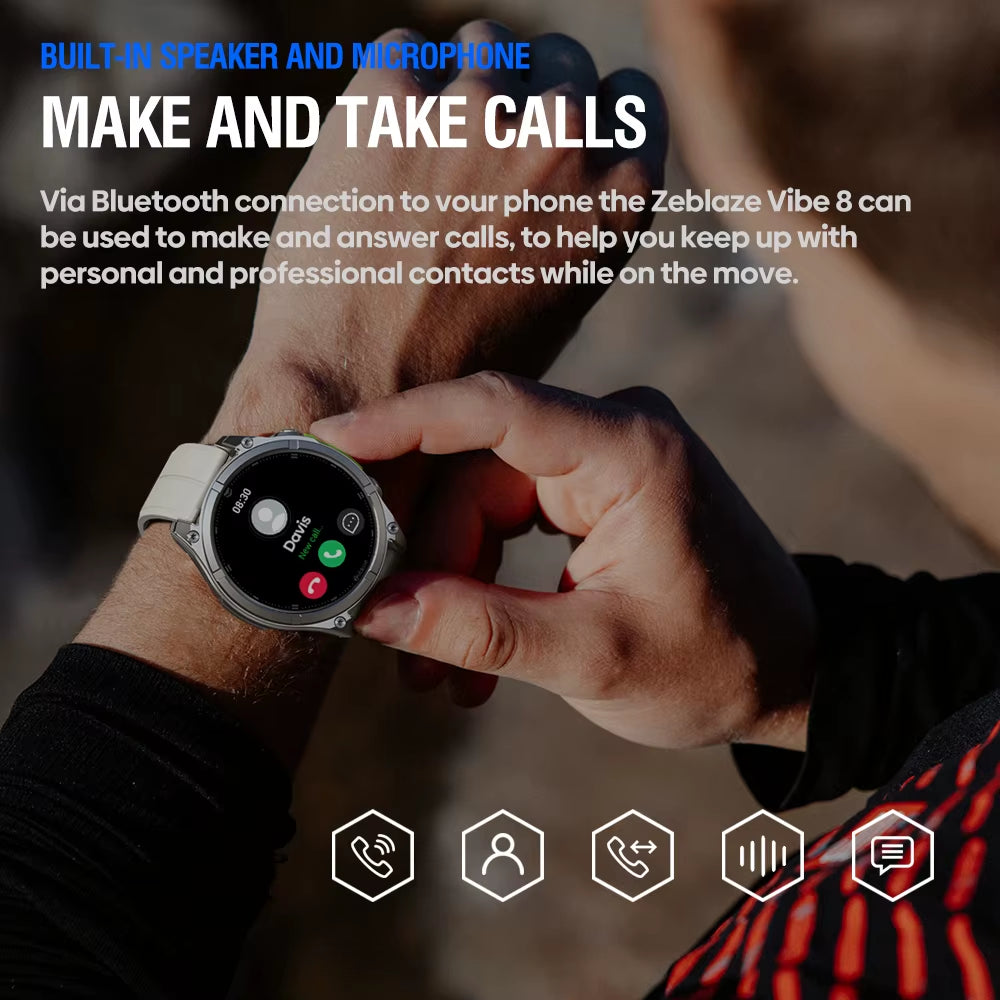NEW 2025  VIBE 8 Voice Calling 1.43" AMOLED Display Smart Watch Built-In Flashlight Heart Rate Blood Pressure Smart Watch