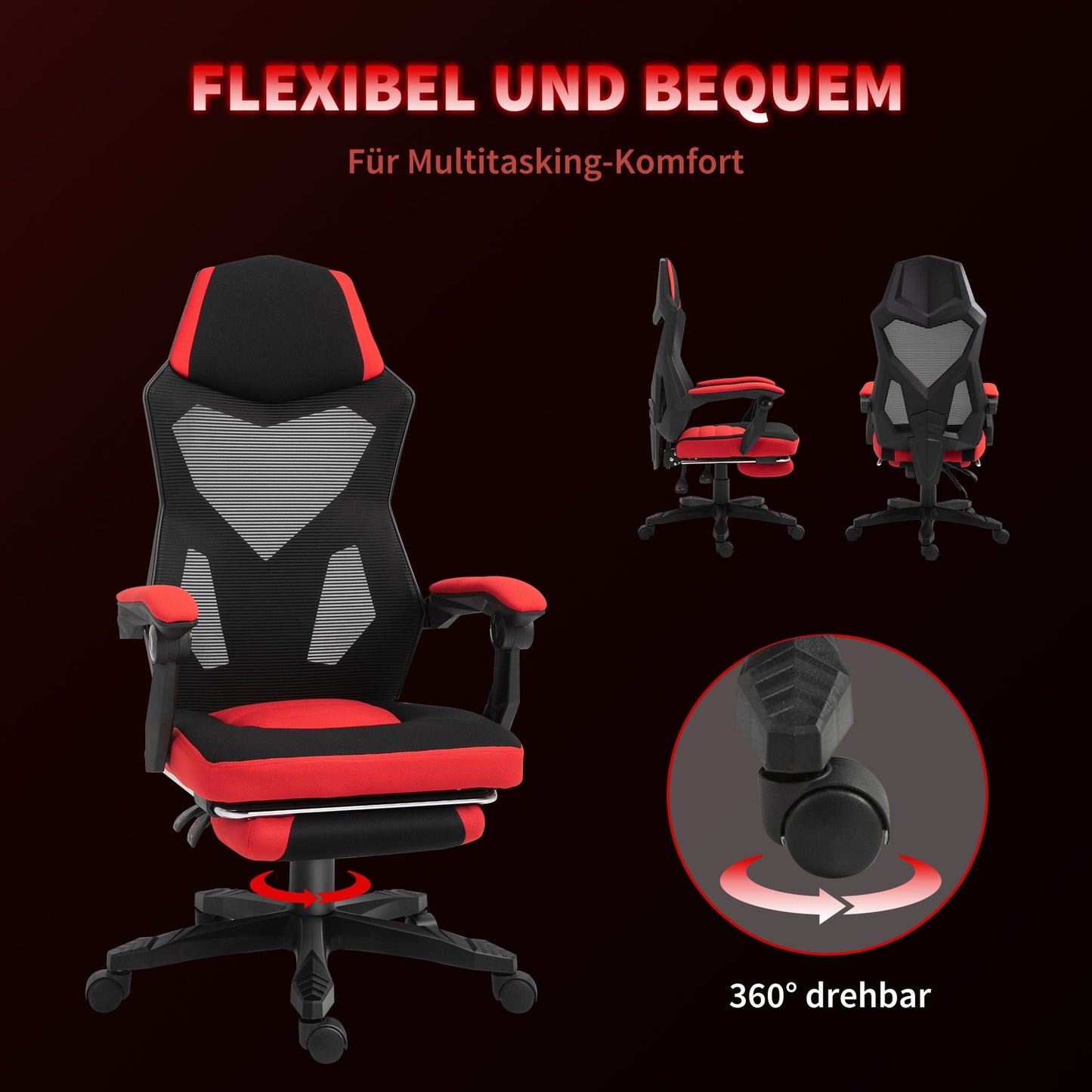 Ergonomischer Bürostuhl Gaming Stuhl Drehstuhl Mit Fußstütze Polyester Schwarz