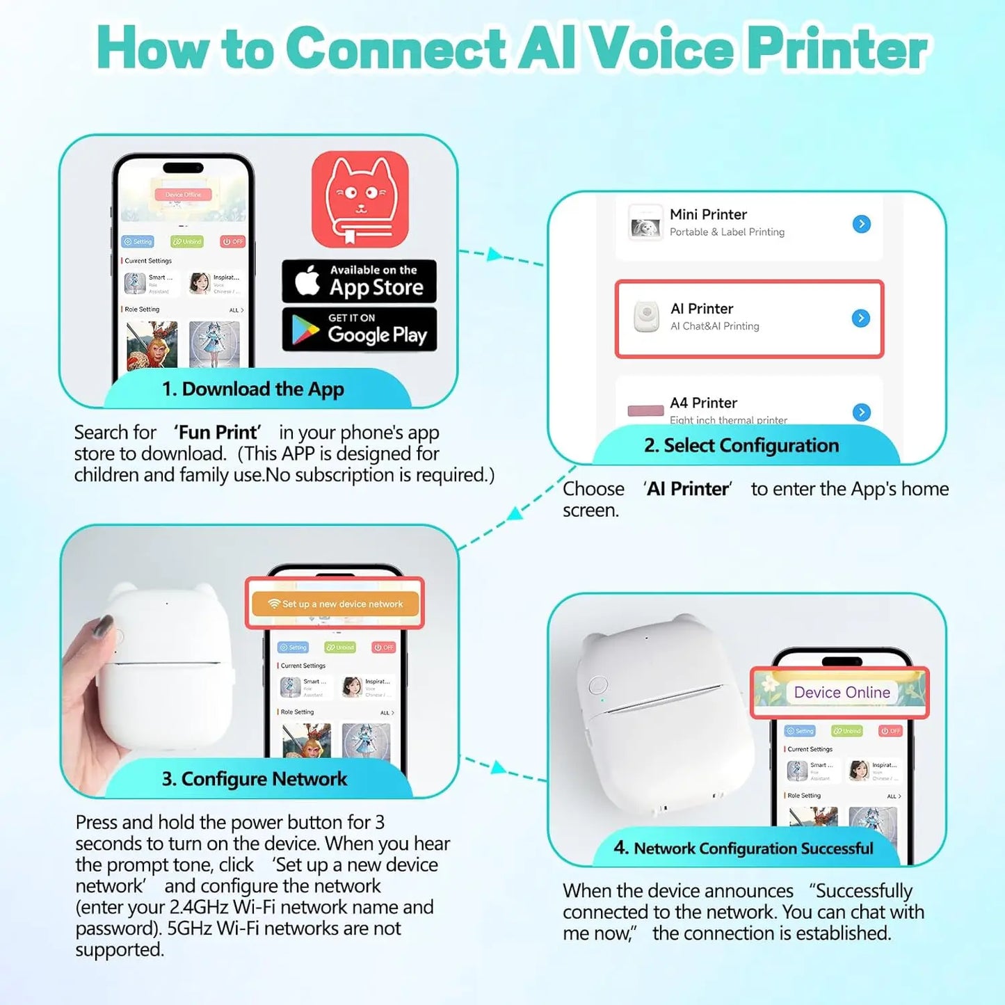AI Mini Drucker mit App & Sprachsteuerung für Kinder
