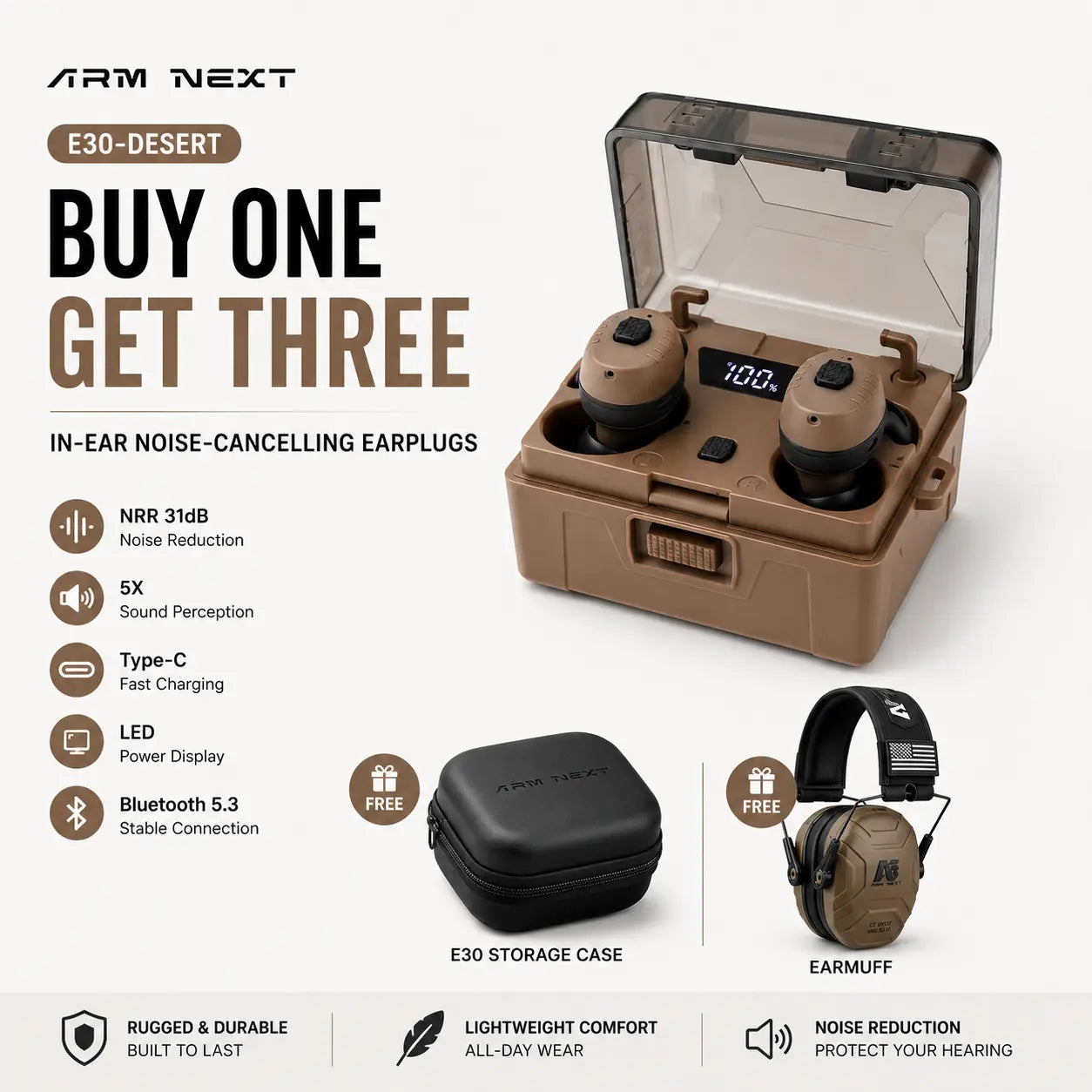 Elevate Your Outdoor Experience with ARM NEXT FieldOps E30 Tactical Earbuds - Wireless Hearing Protection with Bluetooth, 31dB Noise Reduction, and 50-Hour Playtime!