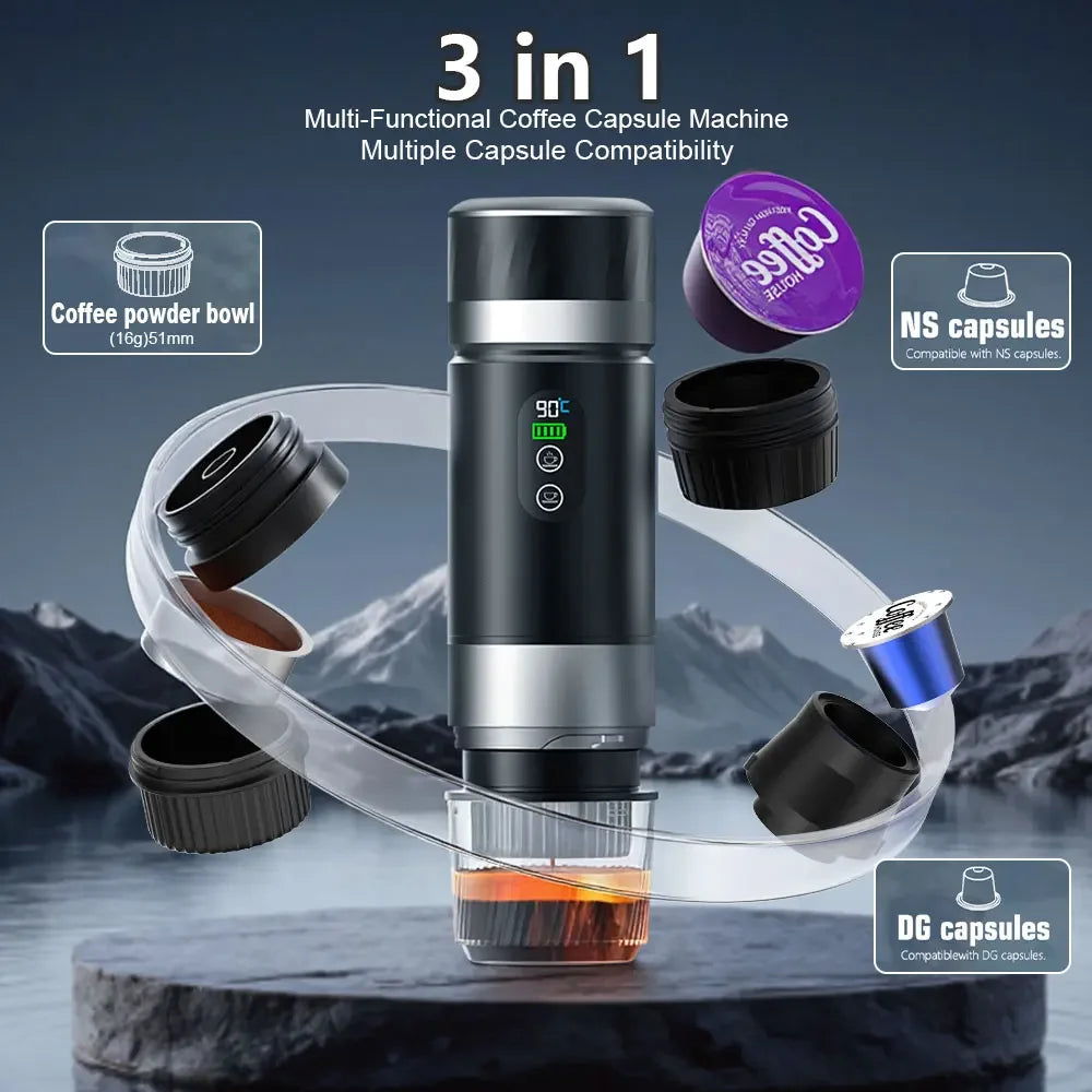 3-In-1 Portable Espresso Coffee Machine with Digital Display Removable Battery for Car & Home Camping Coffee Maker