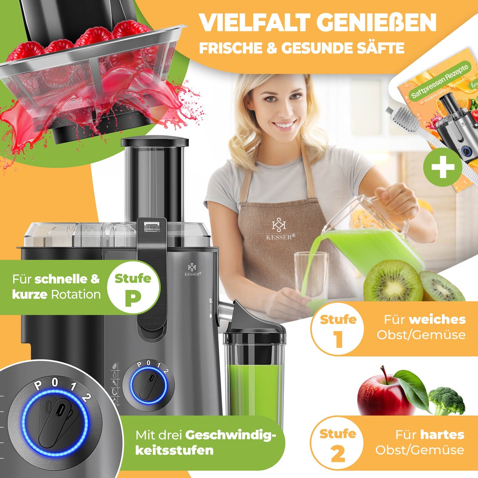 KESSER® Entsafter Saftpresse Edelstahl 1100W 85Mm Presse Obstpresse Saft Juicer