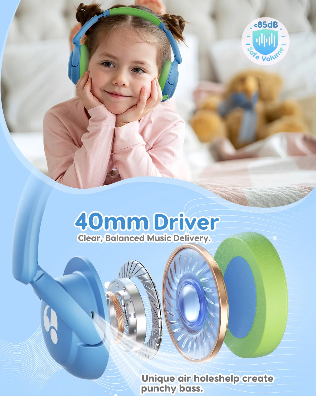 Awatrue Kids Bluetooth 5.4 Headphone 85Dba Safe Volume Lightweight Wireless Over-Ear Headsets for Ipad/Yoto Player/Tablet/School