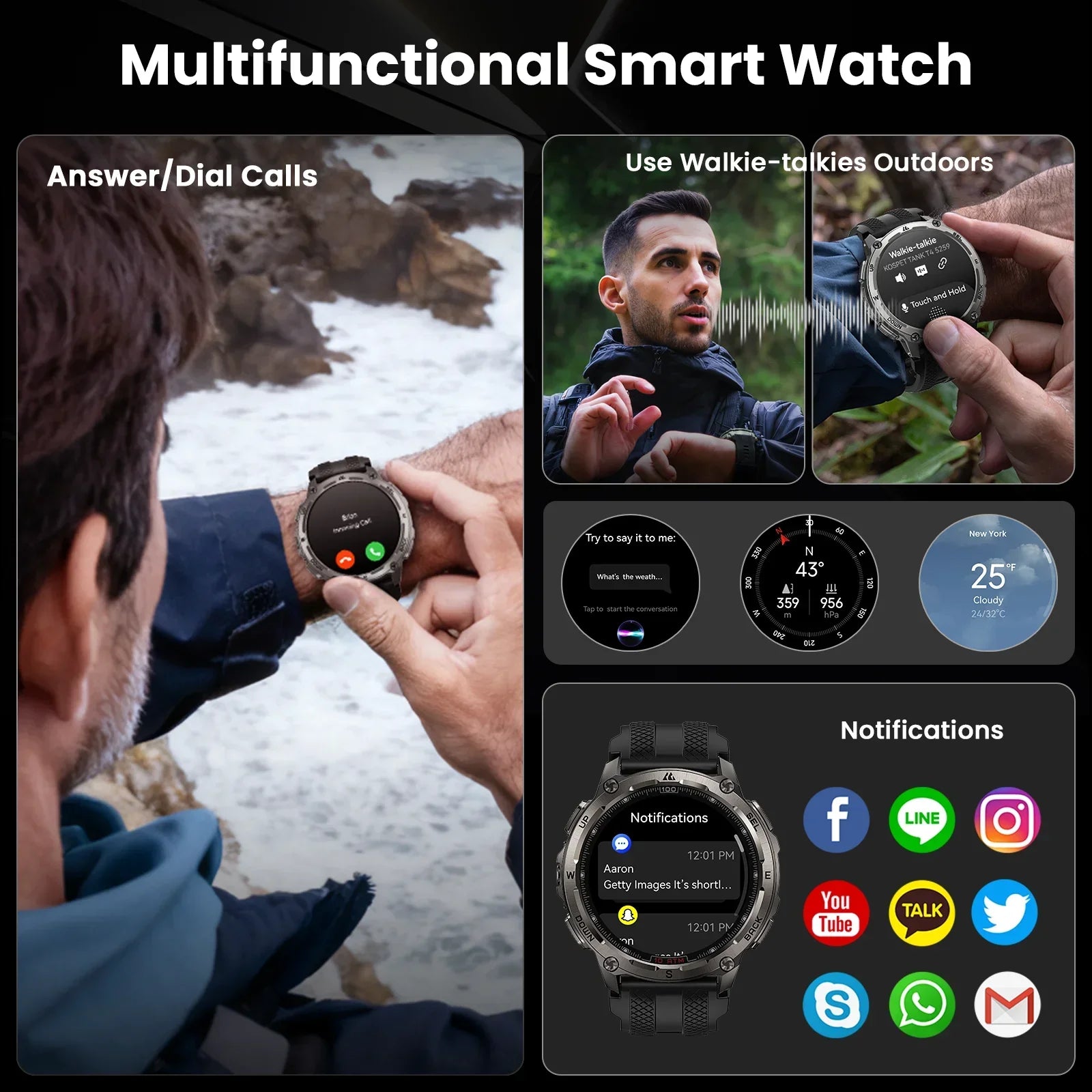 Tank T4 Smart Watch for Men Stainless Steel 6-Sat GPS Offline Maps 100M Waterproof 24/7 Health Monitor for Android Ios