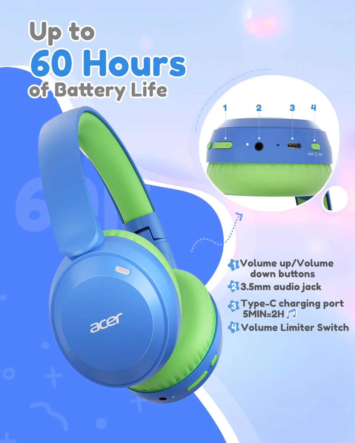 Kids Bluetooth 6.0 Headphones with Built-In Mic 85/94Db Volume Limited Lightweight Over-Ear Wireless Headphones for Kids