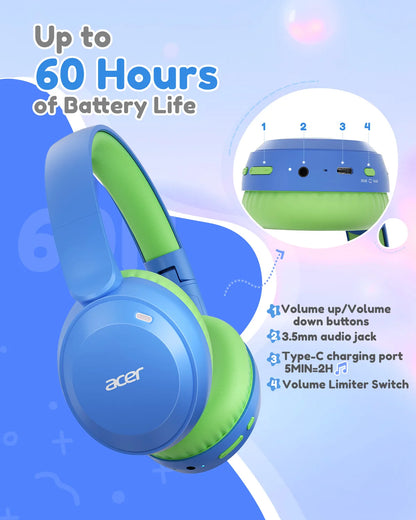Kids Bluetooth 6.0 Headphones with Built-In Mic 85/94Db Volume Limited Lightweight Over-Ear Wireless Headphones for Kids