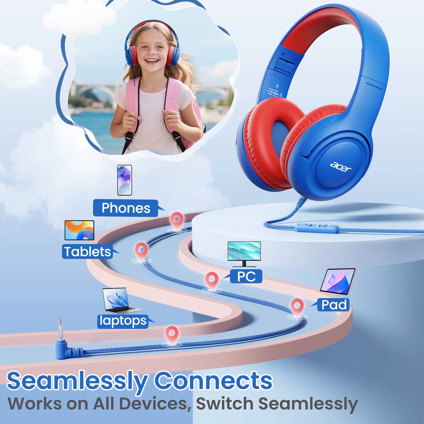 Kids Headphones Wired for School 85/94Db Volume Limiter Foldable Stereo Sound Headset for Kids Learning Tablet Ipad PC