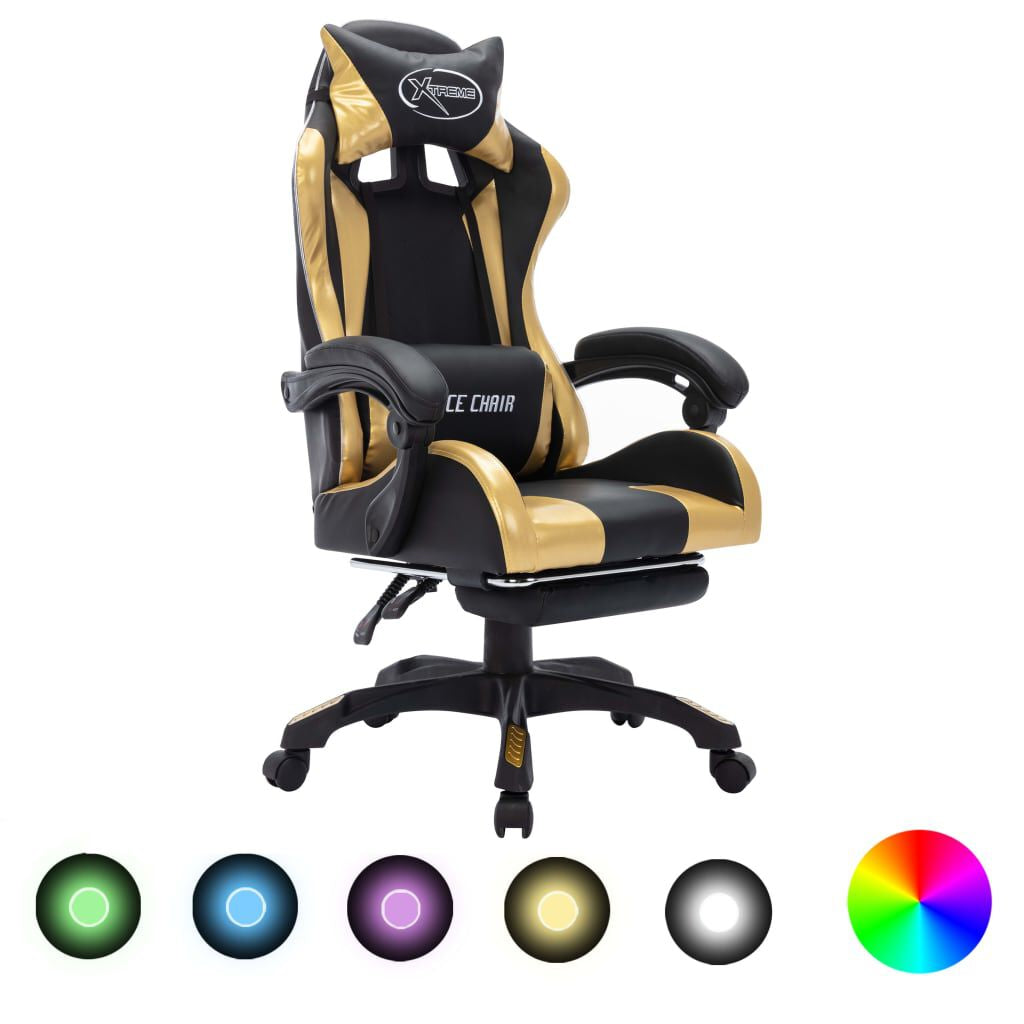 Gaming-Stuhl Mit RGB Led-Leuchten Gold Und Schwarz Kunstleder