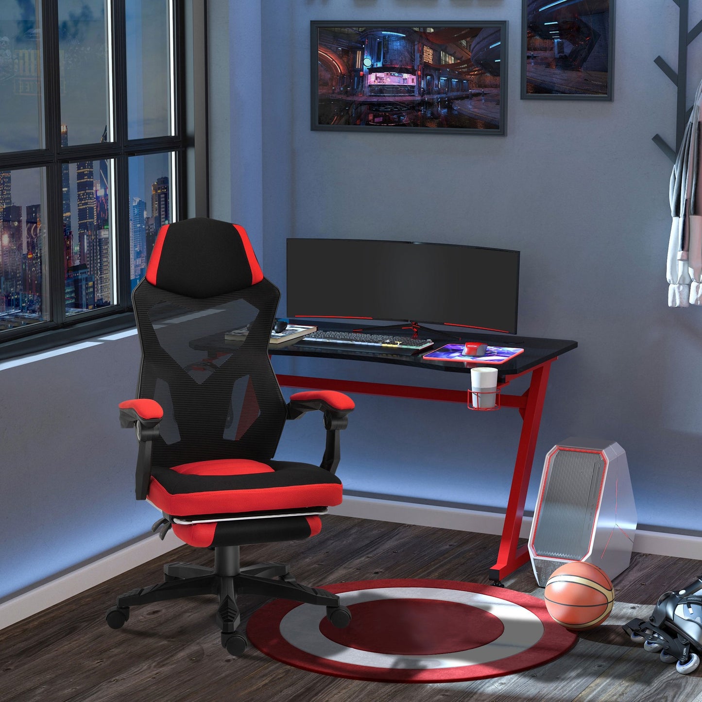 Ergonomischer Bürostuhl Gaming Stuhl Drehstuhl Mit Fußstütze Polyester Schwarz