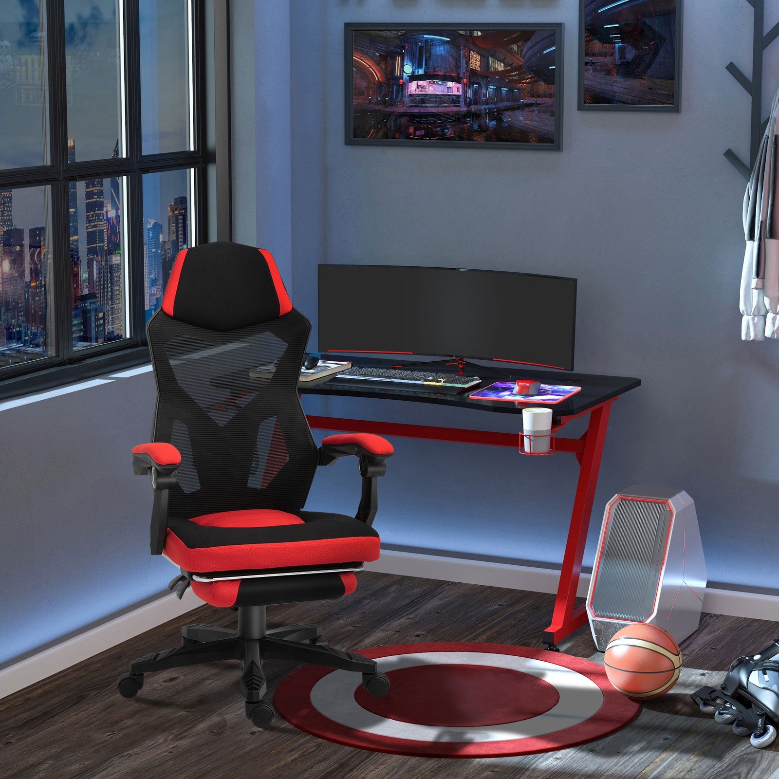 Ergonomischer Bürostuhl Gaming Stuhl Drehstuhl Mit Fußstütze Polyester Schwarz