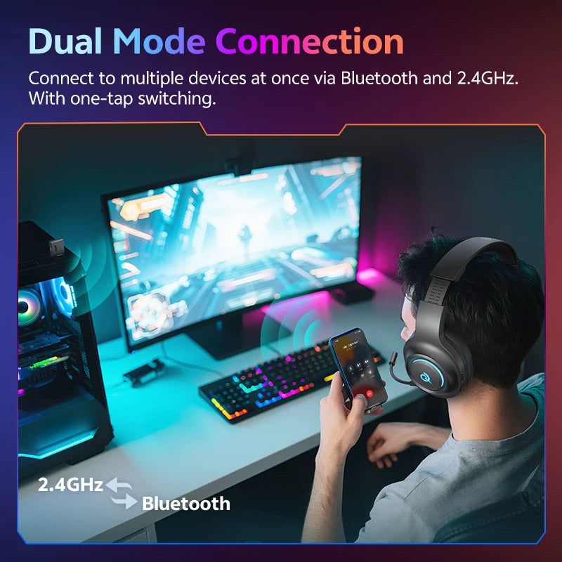 Heroad V200 Gaming over Ear Headphone Wireless Bluetooth 6.0 with Mic 50Mm Driver 7.1 Surround Sound Dynamic EQ RGB Headset