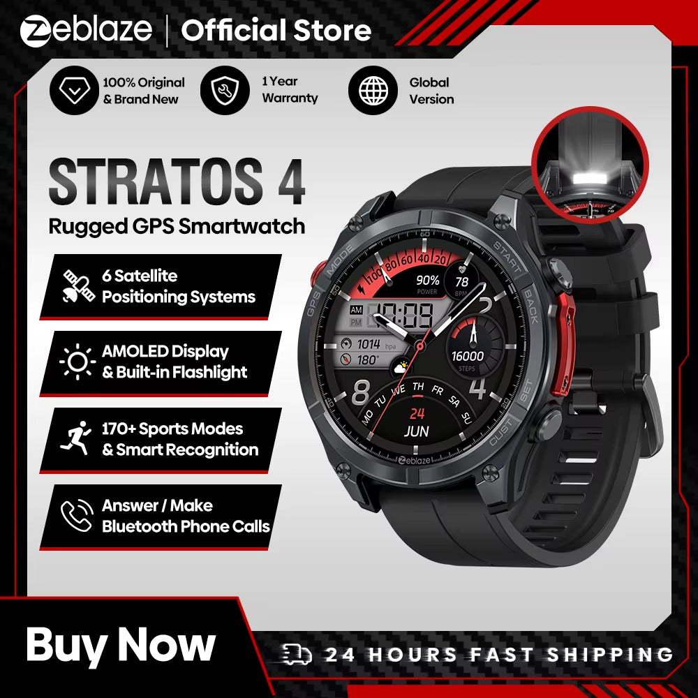 NEW  Stratos 4 GPS Smart Watch 1.43 AMOLED Display Built-In Compass Barometric Altimeter Flashlight Voice Call Smartwatch