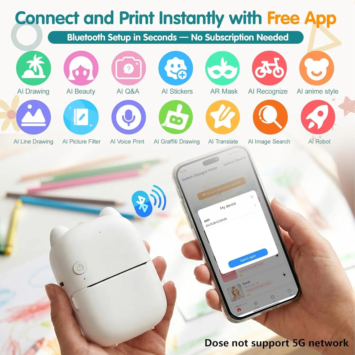 AI Mini Drucker mit App & Sprachsteuerung für Kinder