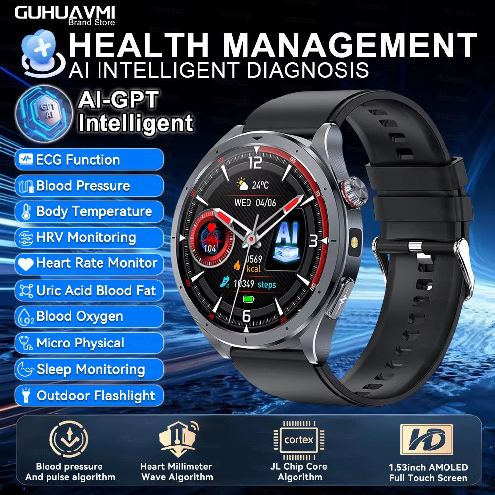 2026 New Body Fat Analysis Health Smart Watch ECG+PPG Uric Acid Blood Pressure Blood Oxygen Clock Call Smart Watch for Men Women