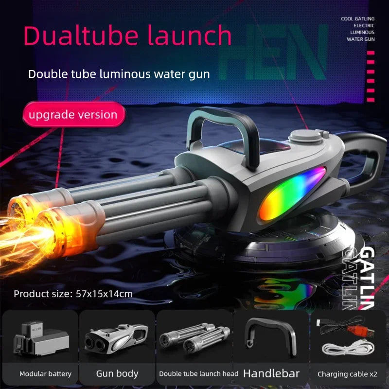 Automatic Double Rotating Gatling Water Gun Toy Gun Barrel with LED Spray Water Pistol Blaster Pool Outdoor Toy for Kids Adult