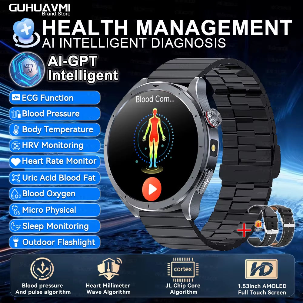 2026 New Body Fat Analysis Health Smart Watch ECG+PPG Uric Acid Blood Pressure Blood Oxygen Clock Call Smart Watch for Men Women