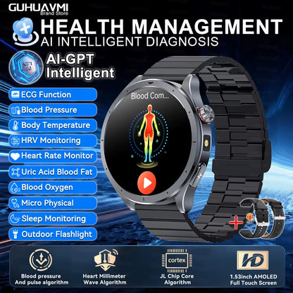 2026 New Body Fat Analysis Health Smart Watch ECG+PPG Uric Acid Blood Pressure Blood Oxygen Clock Call Smart Watch for Men Women
