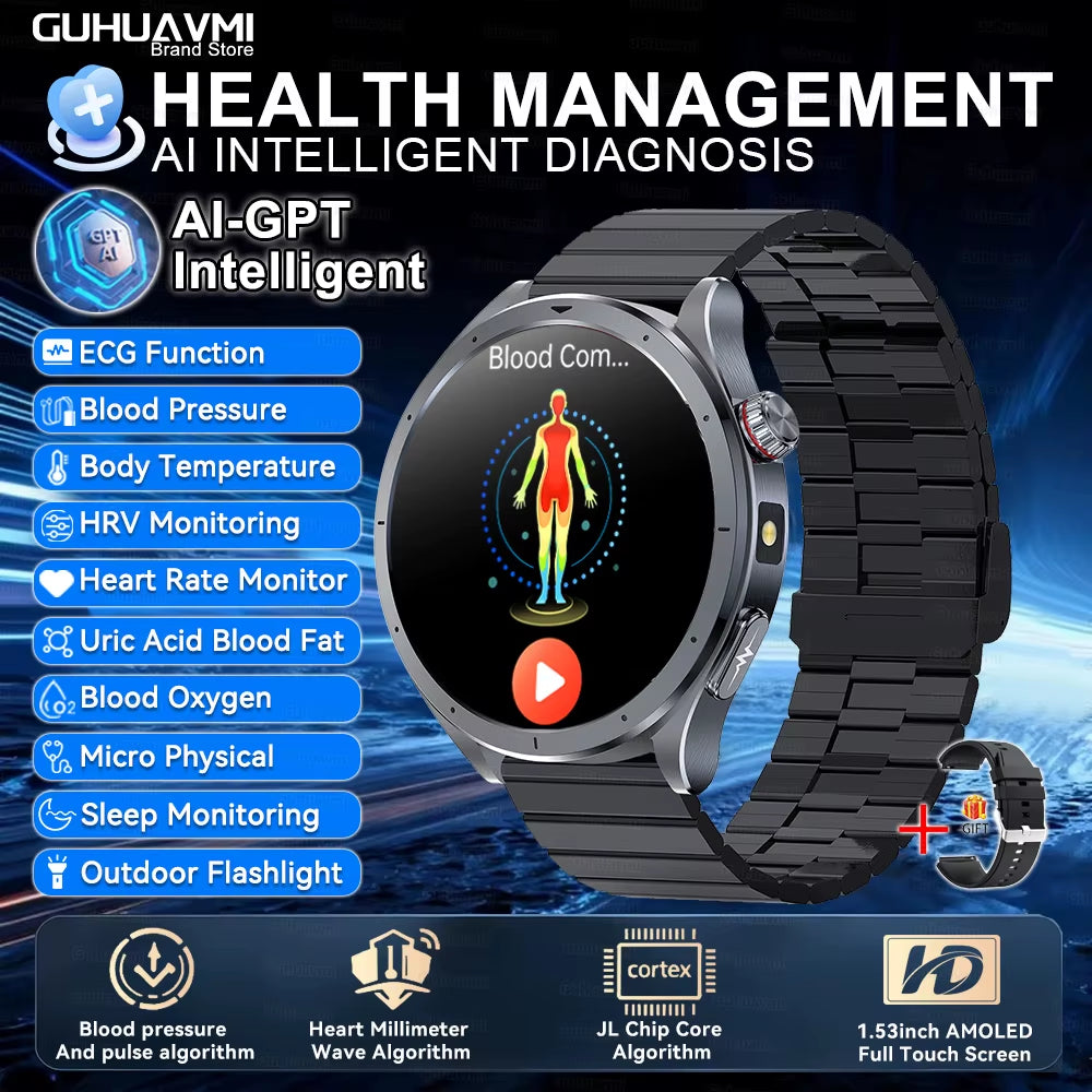 2026 New Body Fat Analysis Health Smart Watch ECG+PPG Uric Acid Blood Pressure Blood Oxygen Clock Call Smart Watch for Men Women