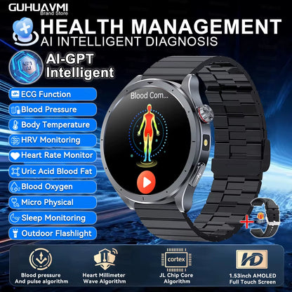 2026 New Body Fat Analysis Health Smart Watch ECG+PPG Uric Acid Blood Pressure Blood Oxygen Clock Call Smart Watch for Men Women