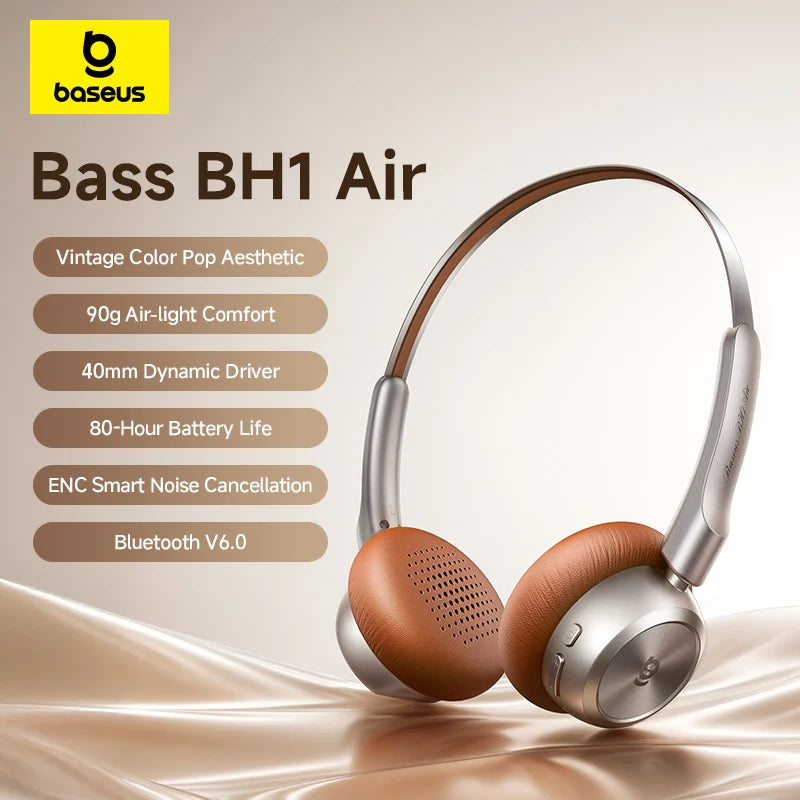 BH1 Air Wireless Headphones Bluetooth 6.0 ENC Noise Cancellation Lightweight 90G over Ear Headset 80H Earphone