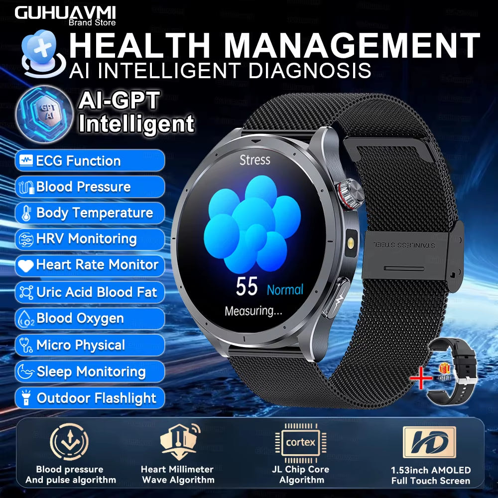 2026 New Body Fat Analysis Health Smart Watch ECG+PPG Uric Acid Blood Pressure Blood Oxygen Clock Call Smart Watch for Men Women