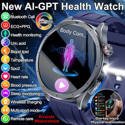 2026 New Body Fat Analysis Health Smart Watch ECG+PPG Uric Acid Blood Pressure Blood Oxygen Clock Call Smart Watch for Men Women