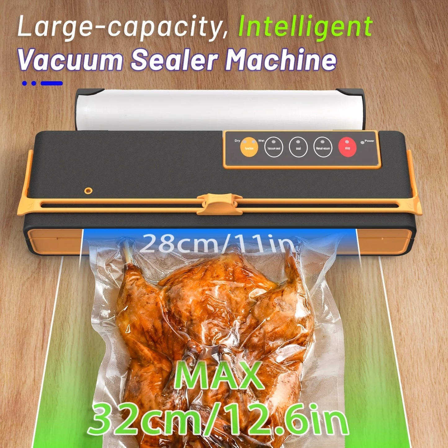 Vacuum Sealer Machine. High-Power, -70Kpa Suction. Bag Roll Holder. for 32Cm Bags. with Cutting Knife. Automatic.