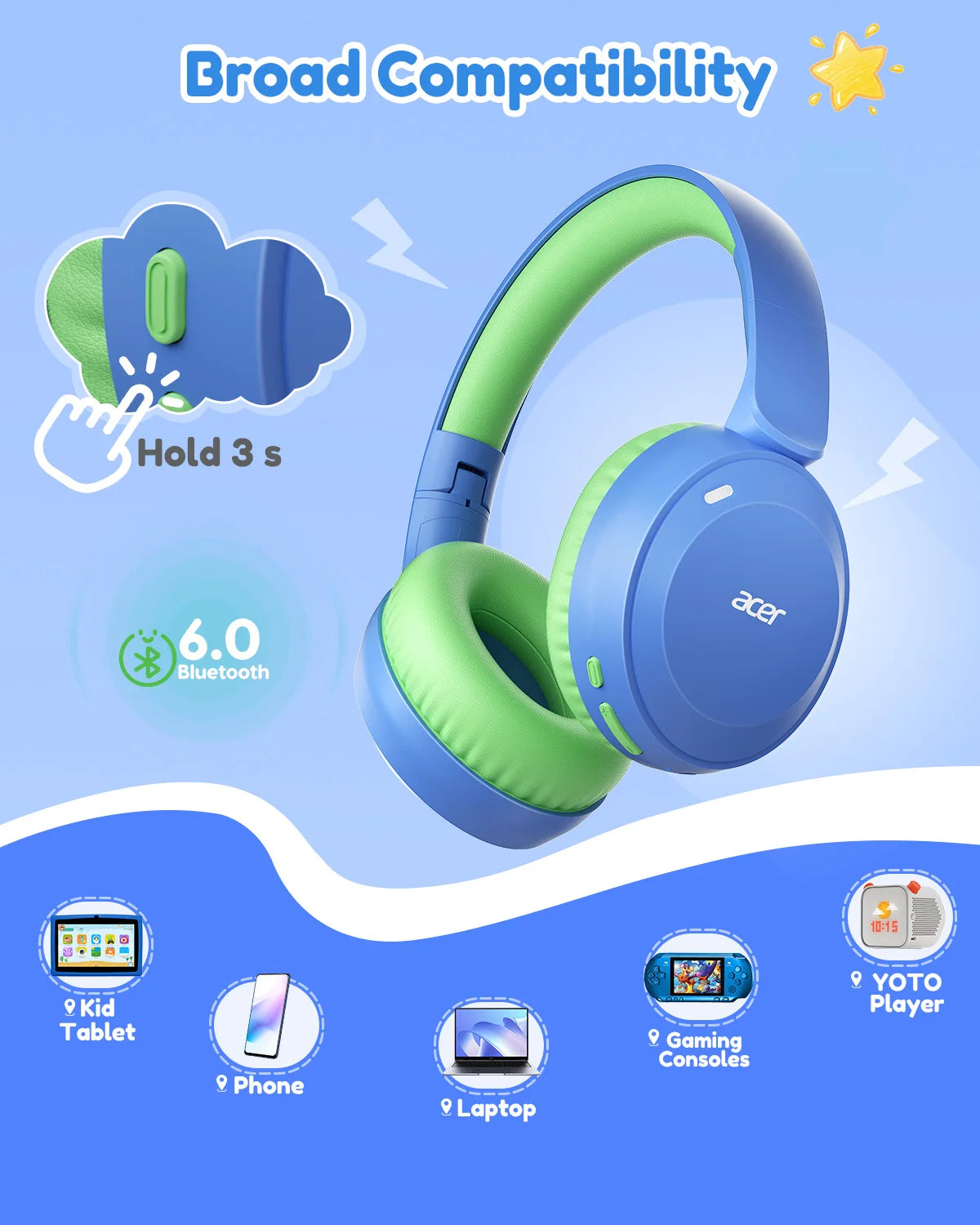 Kids Bluetooth 6.0 Headphones with Built-In Mic 85/94Db Volume Limited Lightweight Over-Ear Wireless Headphones for Kids