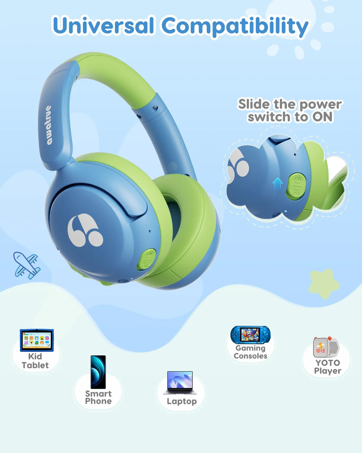 Awatrue Kids Bluetooth 5.4 Headphone 85Dba Safe Volume Lightweight Wireless Over-Ear Headsets for Ipad/Yoto Player/Tablet/School