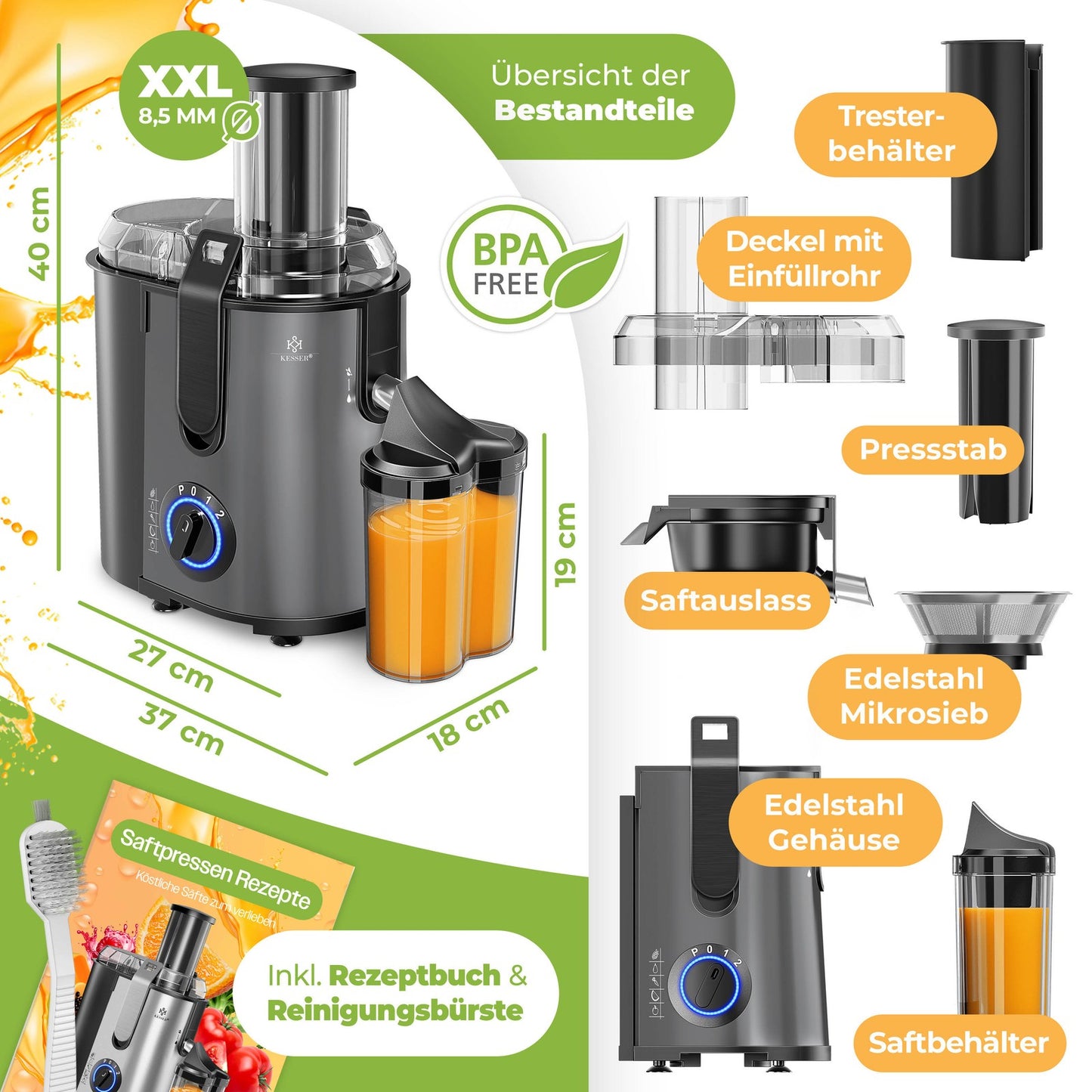 KESSER® Entsafter Saftpresse Edelstahl 1100W 85Mm Presse Obstpresse Saft Juicer