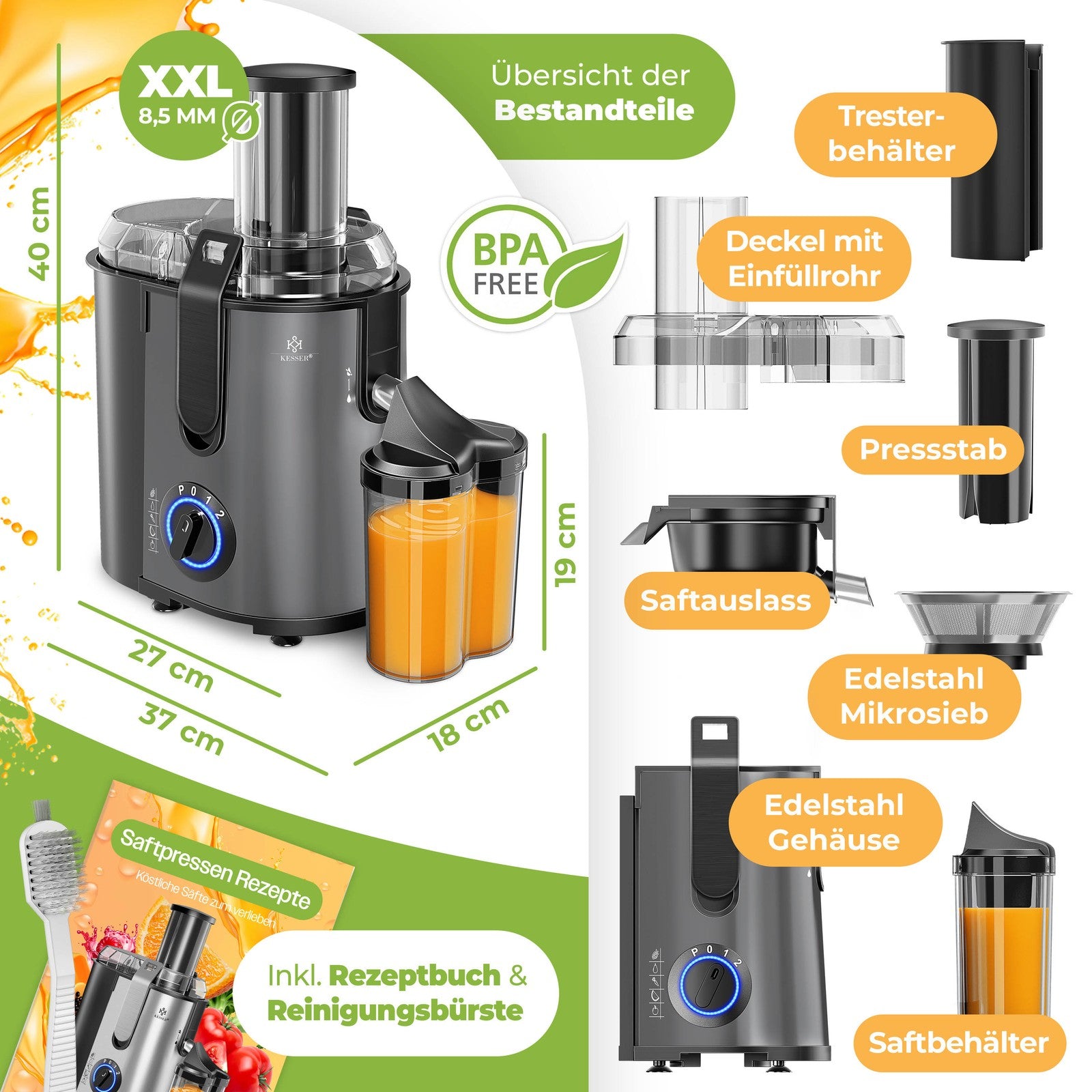 KESSER® Entsafter Saftpresse Edelstahl 1100W 85Mm Presse Obstpresse Saft Juicer