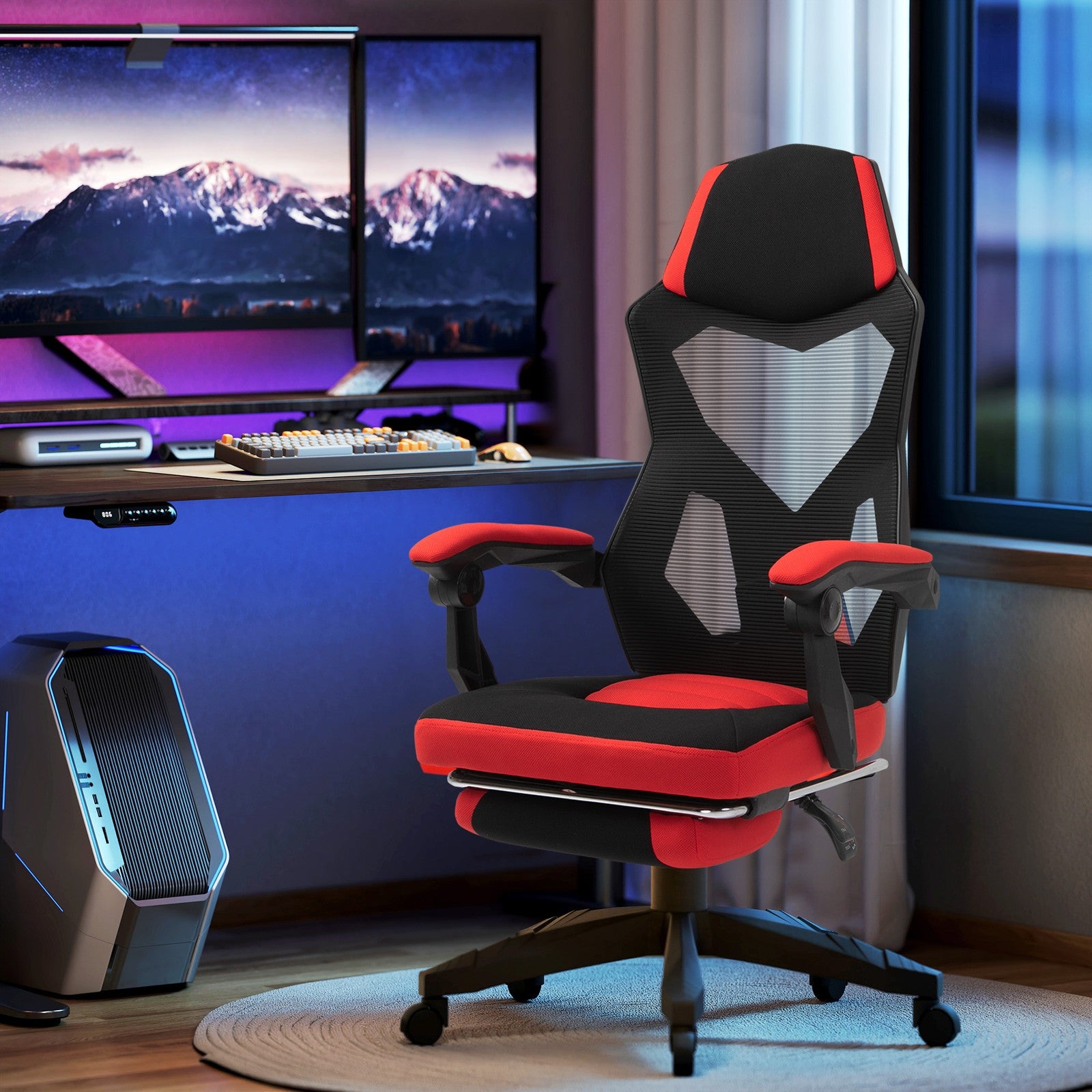 Ergonomischer Bürostuhl Gaming Stuhl Drehstuhl Mit Fußstütze Polyester Schwarz