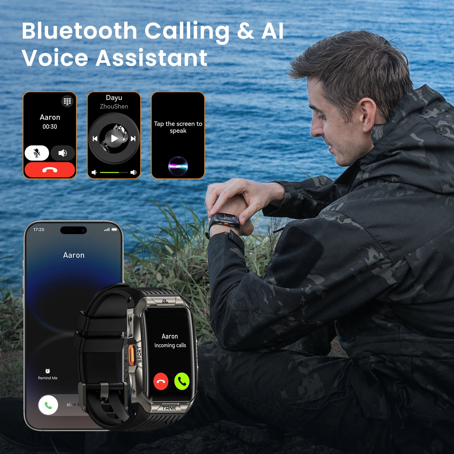 2025  TANK X2 Rugged Smart Watch for Men 3D Curved Screen AMOLED AOD 5ATM IP69K Waterproof Bluetooth Call AI Assistant