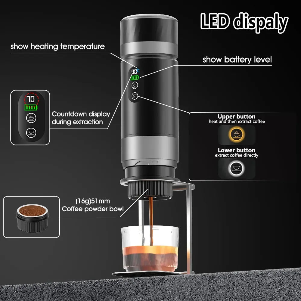 3-In-1 Portable Espresso Coffee Machine with Digital Display Removable Battery for Car & Home Camping Coffee Maker